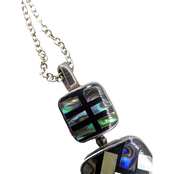 Sandy Baker Sterling 925 Paula shell horn inlay mosaic pendant on 925 Necklace - Picture 11 of 16